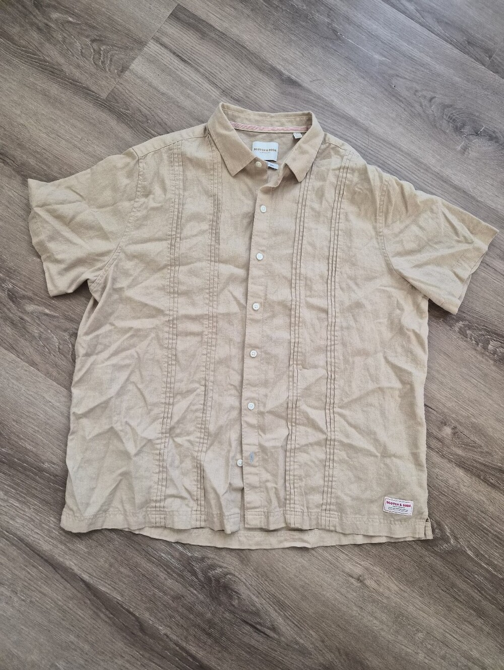 Scotch & Soda Linen Beige Short-Sleeve Button-Down Shirt XL